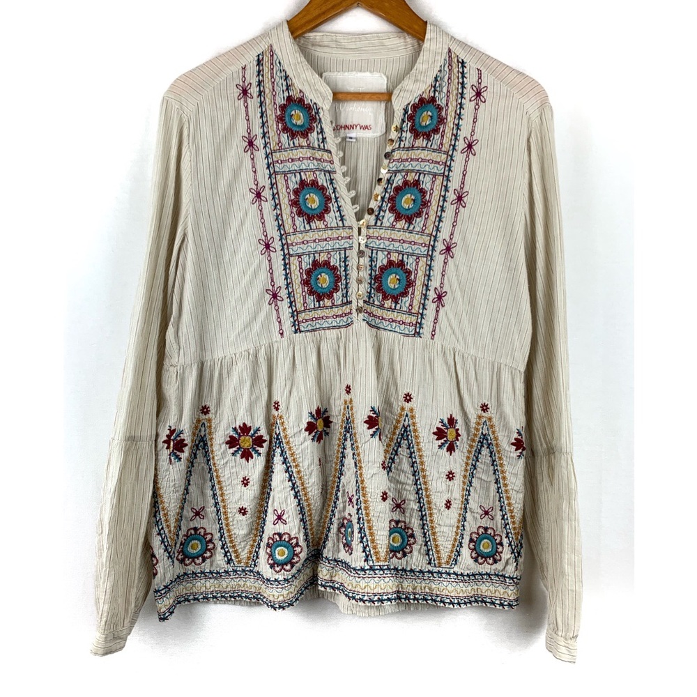 Johnny Was 3J Workshop embroidered striped button down, size S